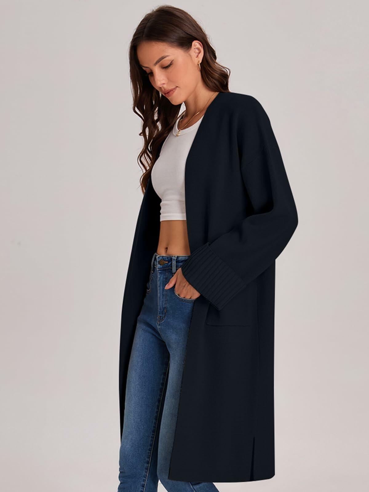 Women’s black long cardigan coatigan with open front and ribbed cuff sleeves.