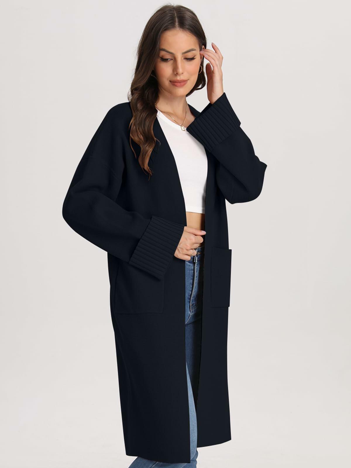 Women’s black long open-front cardigan coatigan with ribbed cuffs and patch pockets.