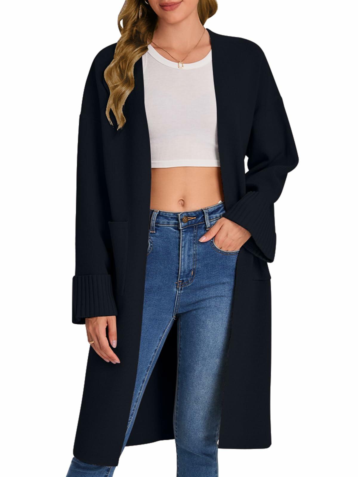 Women’s black long cardigan coatigan with open front, ribbed cuffs, and side pockets.