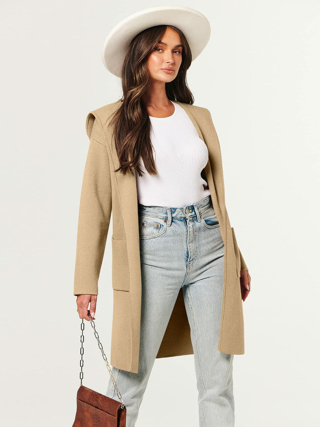 Beige knit hoodie cardigan coatigan with open front, hood, and draped shoulders