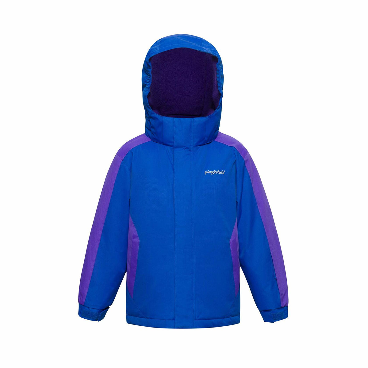 Boys waterproof ski jacket, blue with purple hood and panels, zip-up with hood.