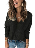 Black V-neck knit sweater pullover with long sleeves and textured stitch pattern