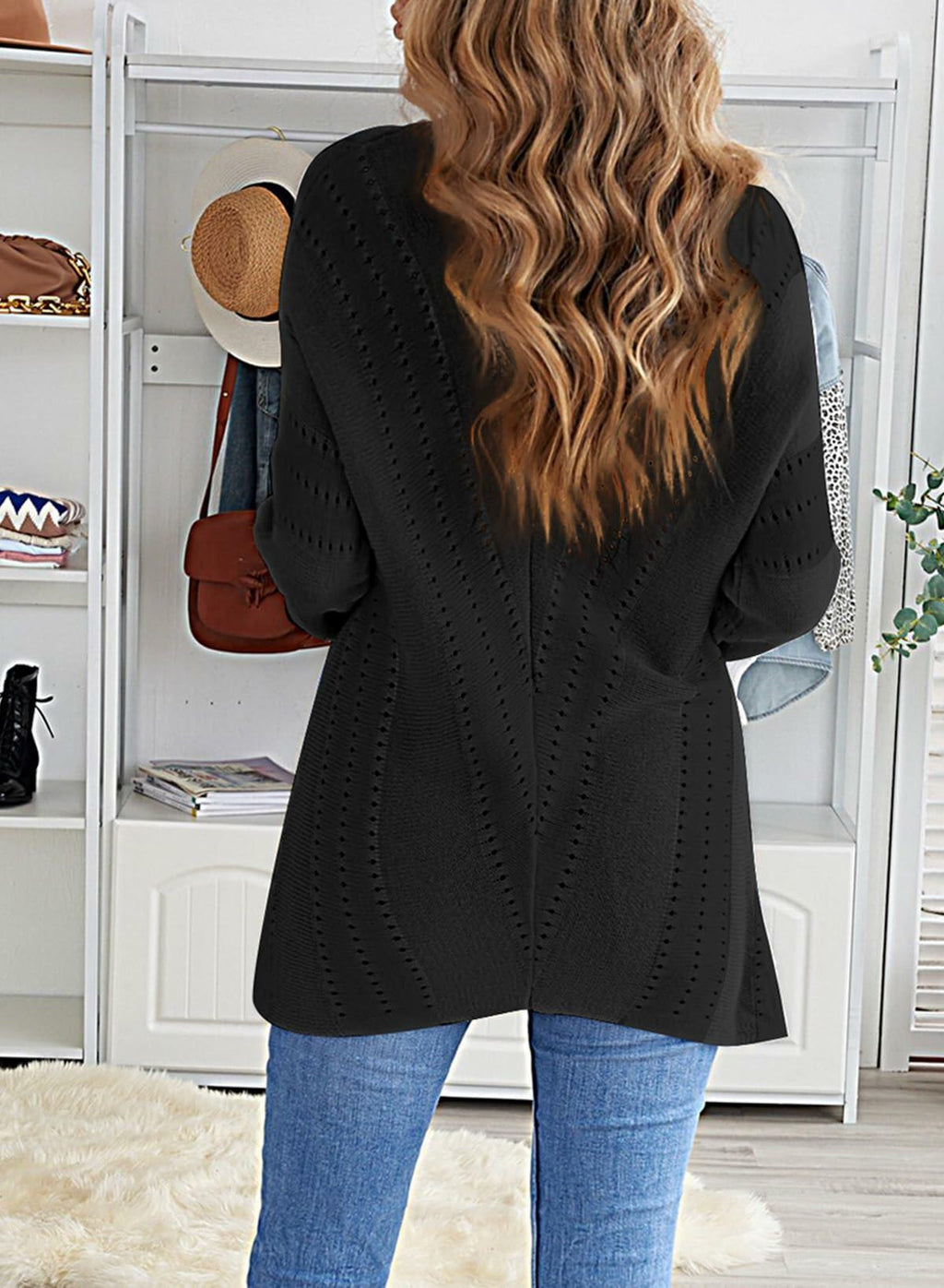 Black V-neck knit sweater pullover, textured back detail with long sleeves