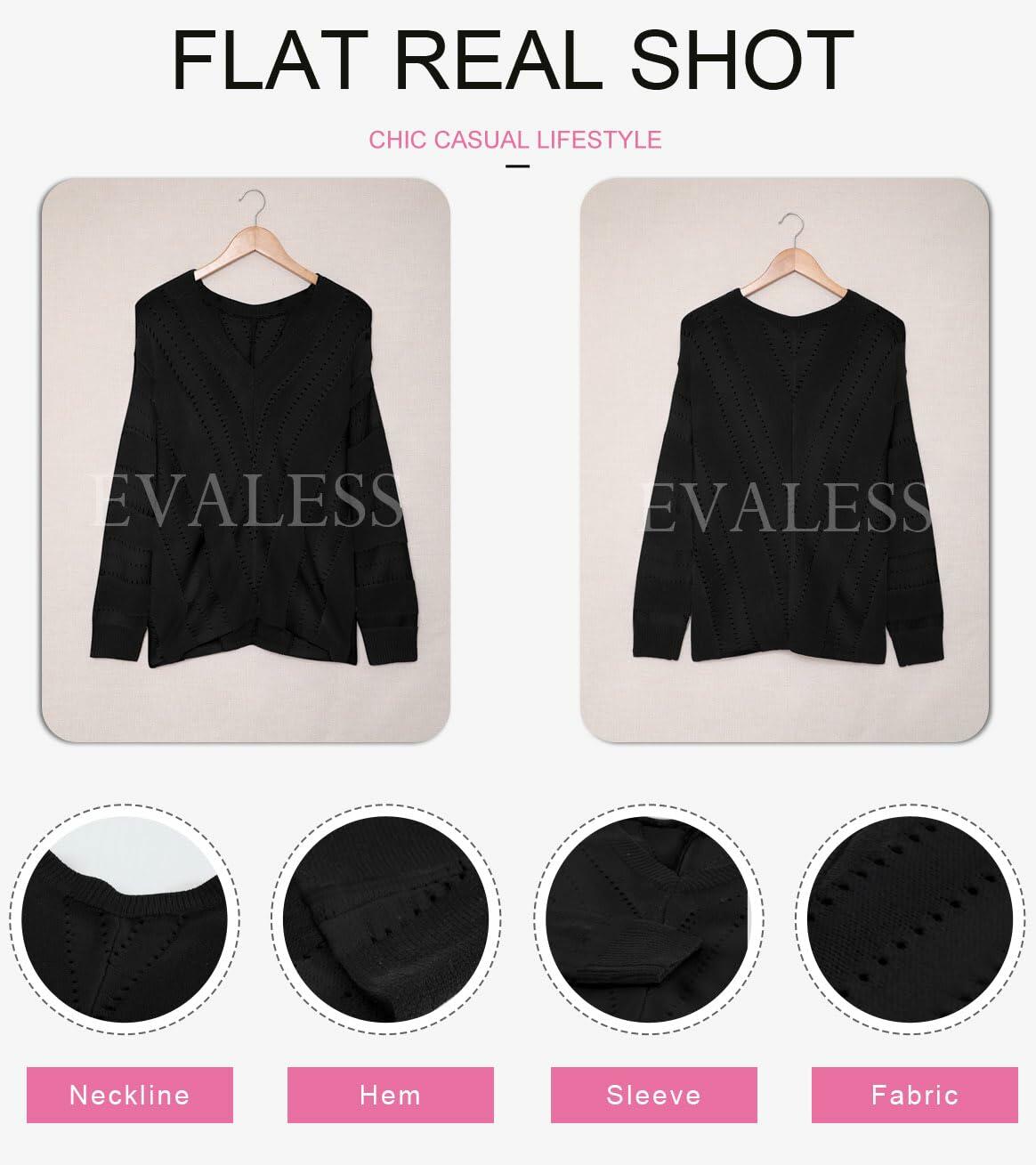 Black V-neck knit sweater pullover, front and back views with detail closeups