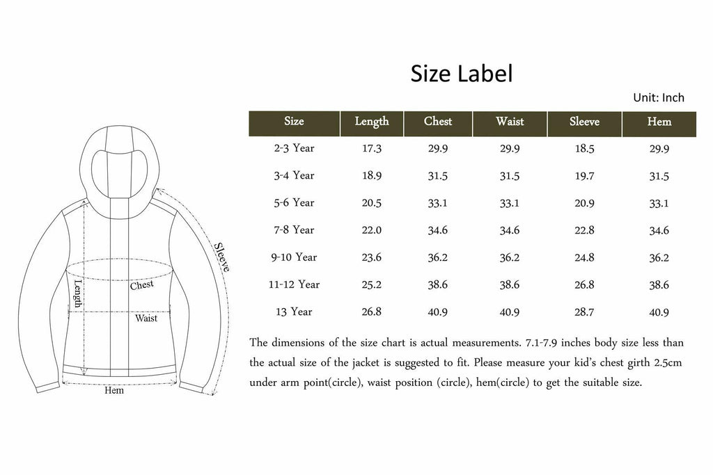 Size chart diagram for kids ski jacket with measurement table in inches.