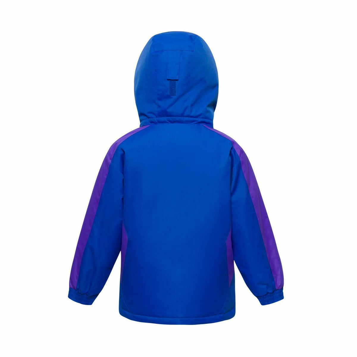Boys waterproof ski jacket back view, blue with purple side panels and attached hood.