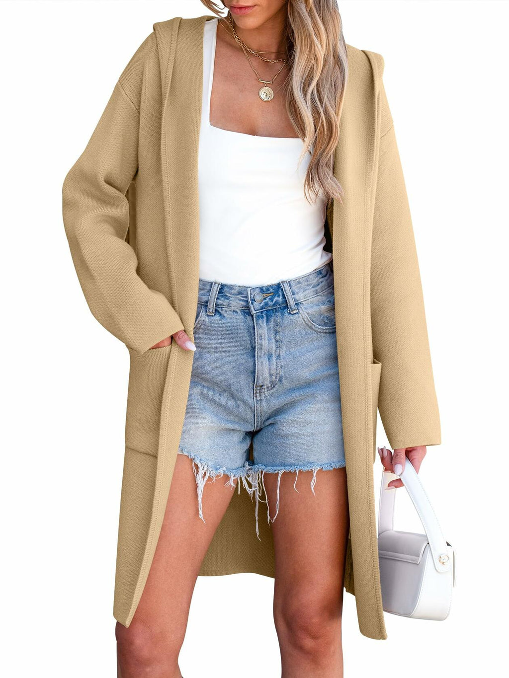 Beige oversized knit hoodie cardigan with open front, long sleeves, and side pockets