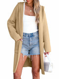 Beige oversized knit hoodie cardigan with open front, long sleeves, and side pockets