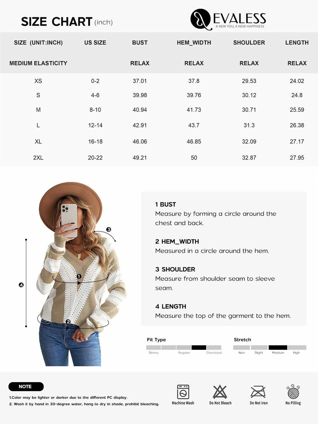 EVALESS size chart for women's medium knit sweater pullover (inches)