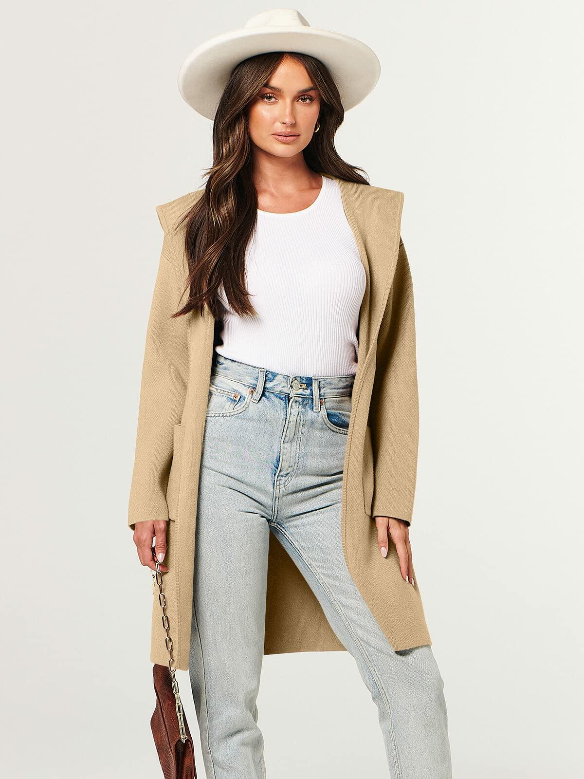Beige oversized knit hoodie cardigan coatigan worn over a top with open front
