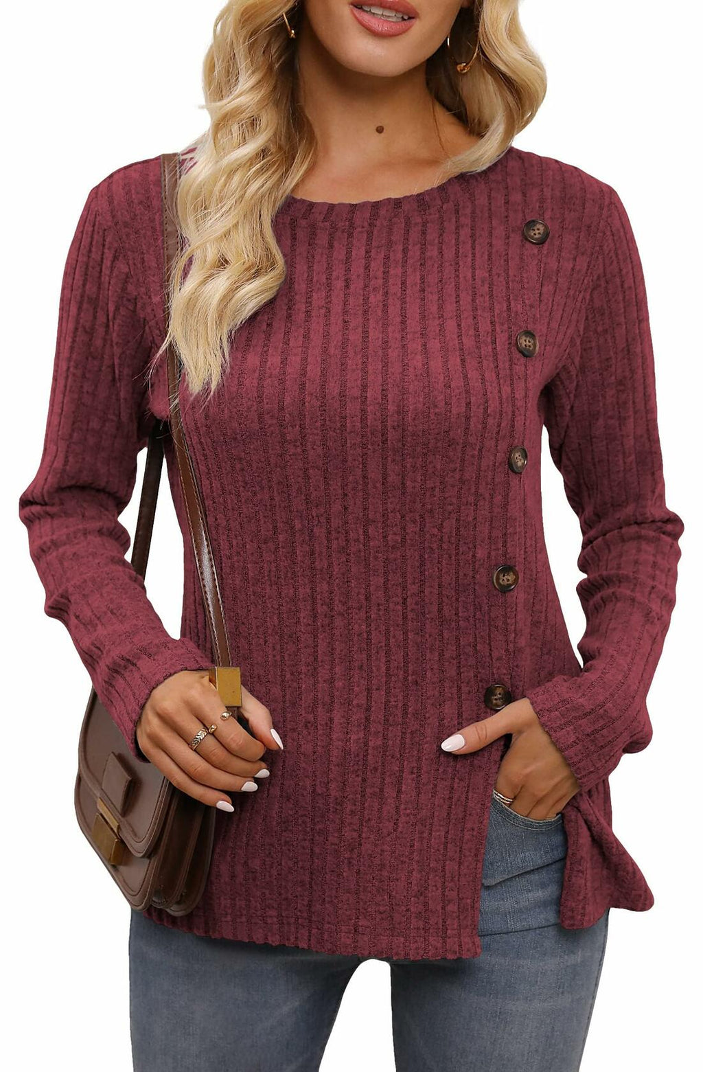 Burgundy ribbed knit sweater tunic with long sleeves, scoop neck, button-front detail