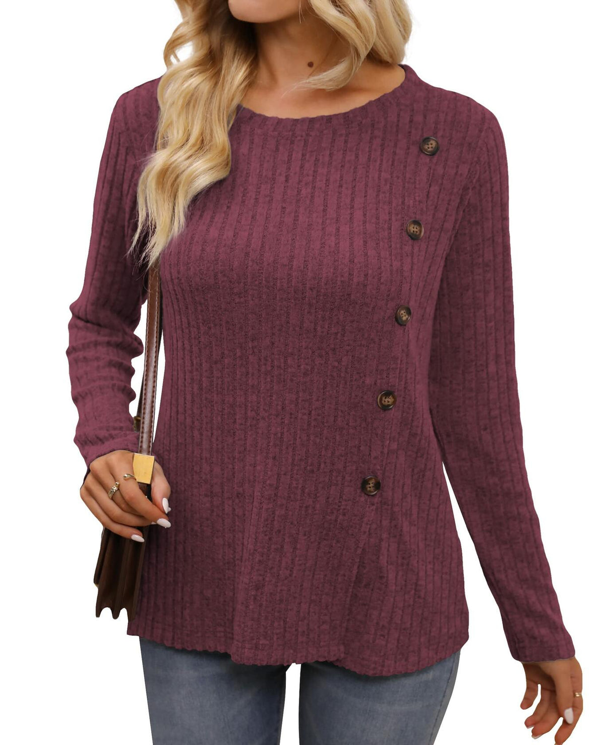 Burgundy ribbed knit sweater tunic with scoop neck, button-front, curved hem