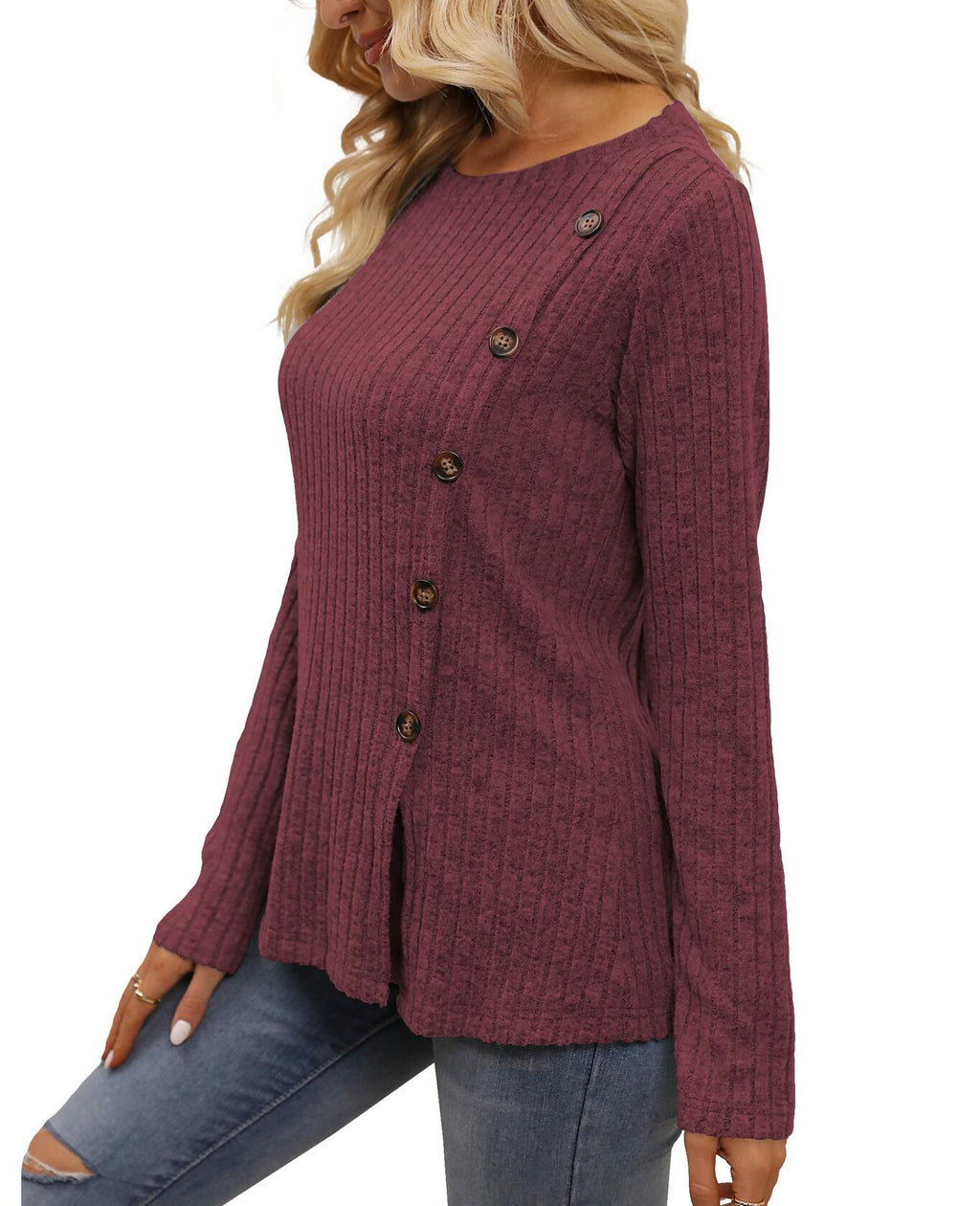 Burgundy ribbed knit sweater tunic with long sleeves and dark buttons, side view