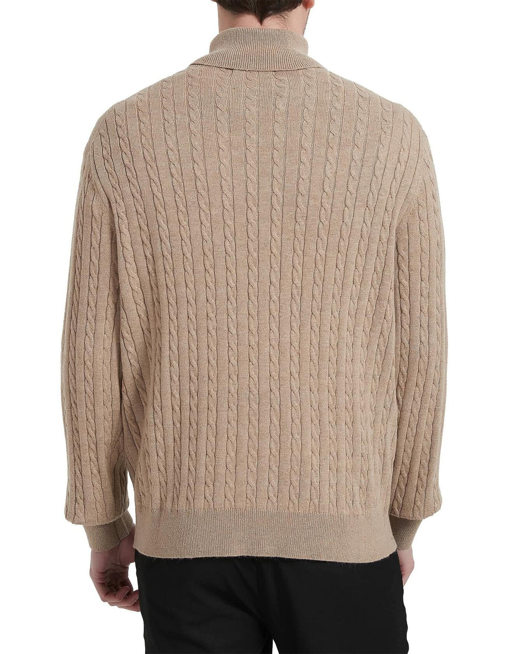 Men's wool-blend cable-knit turtleneck sweater, light tan, back view.