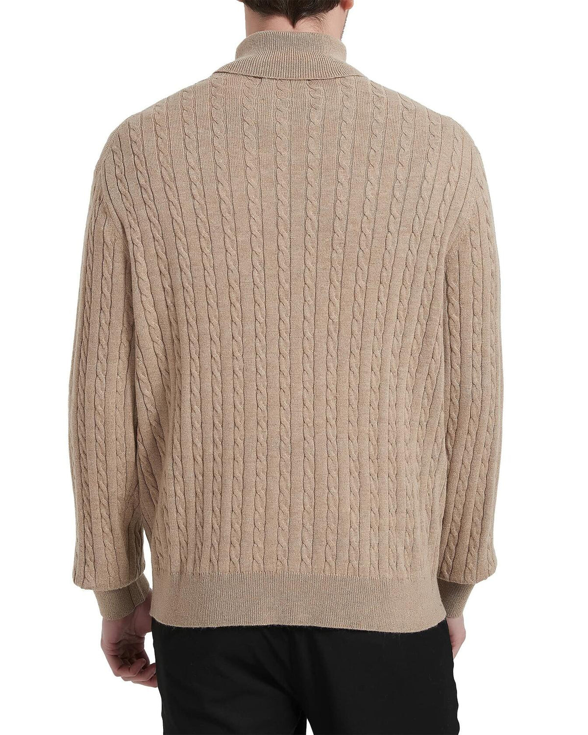 Men's wool-blend cable-knit turtleneck sweater, light tan, back view.