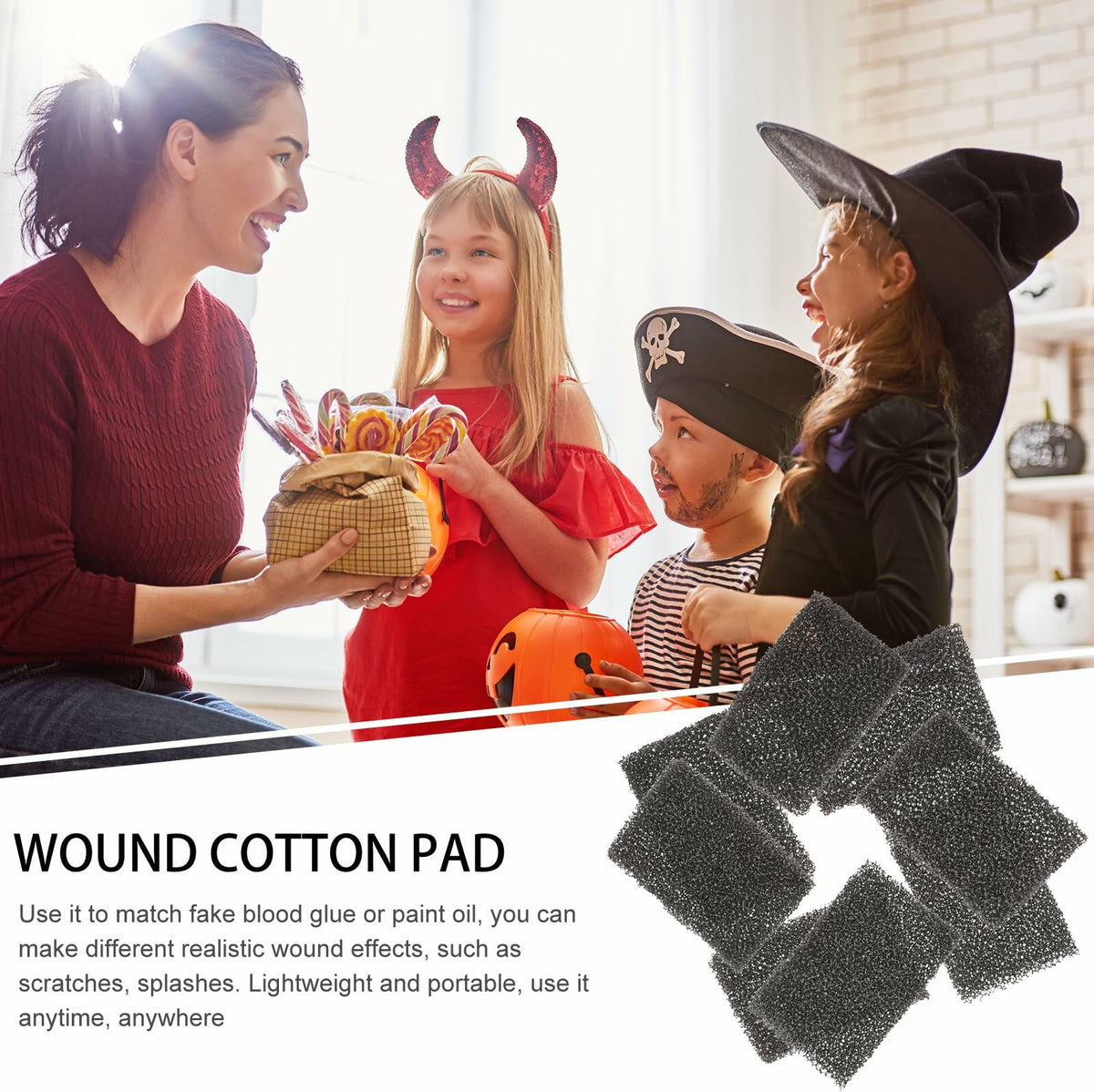 Halloween makeup sponge pads, black foam pieces shown during face-painting