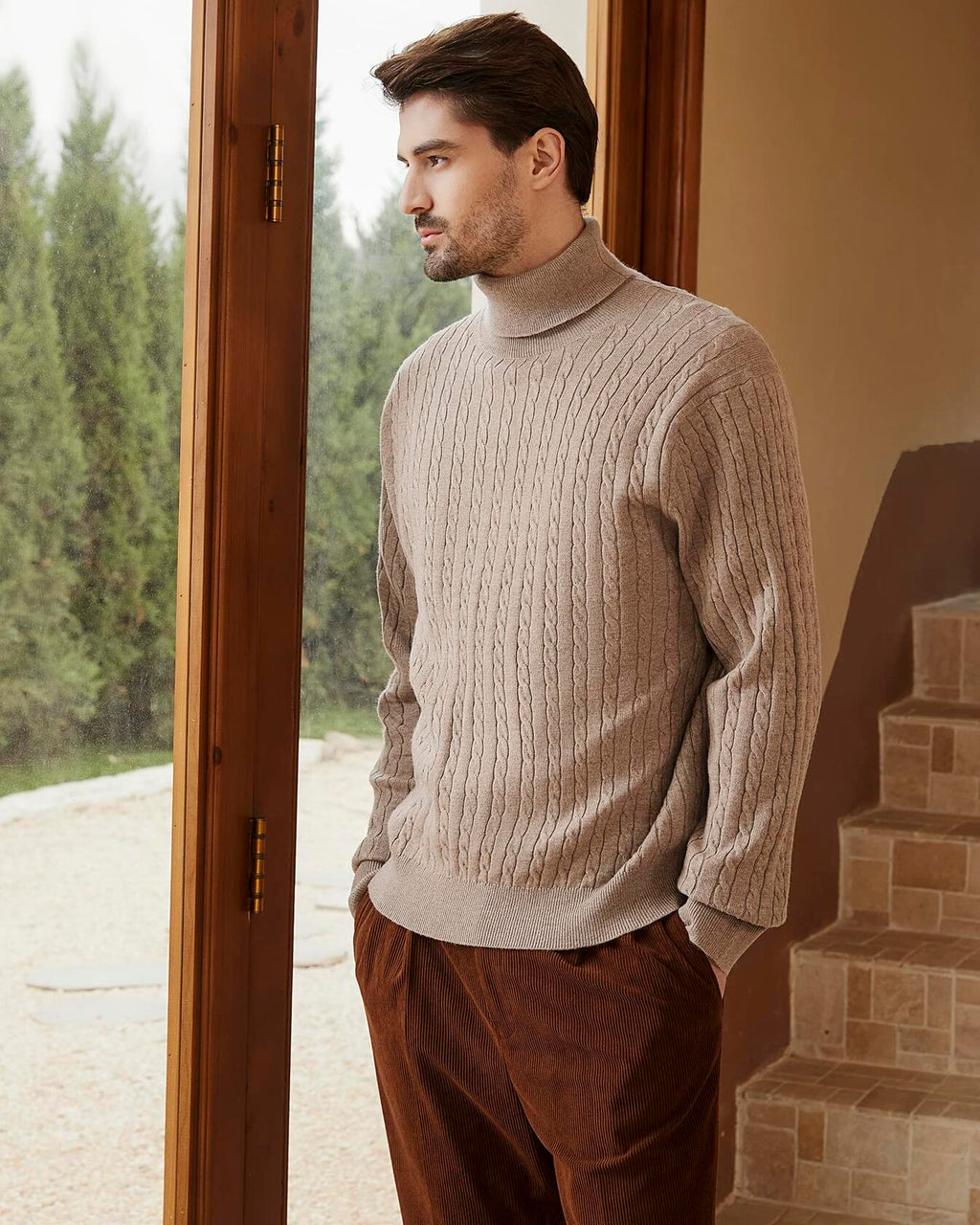Men's wool-blend cable-knit turtleneck sweater, light tan, side view.
