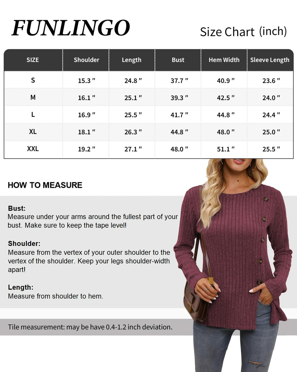 Funlingo women's sweater tunic size chart (in inches) with measurement rows