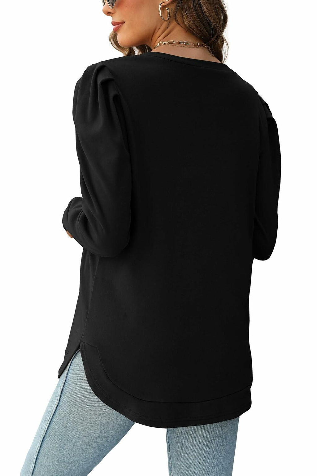 AGSEEM womens black oversized tunic sweatshirt, back view, long sleeves