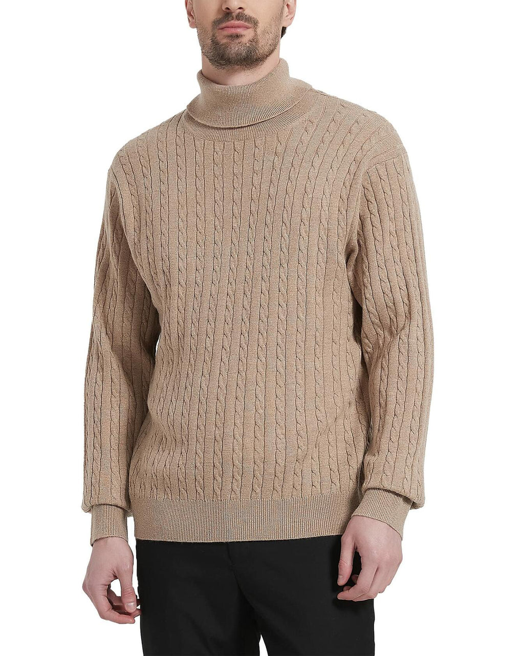 Men's wool-blend cable-knit turtleneck sweater, light tan, long sleeves.