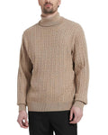 Men's wool-blend cable-knit turtleneck sweater, light tan, long sleeves.