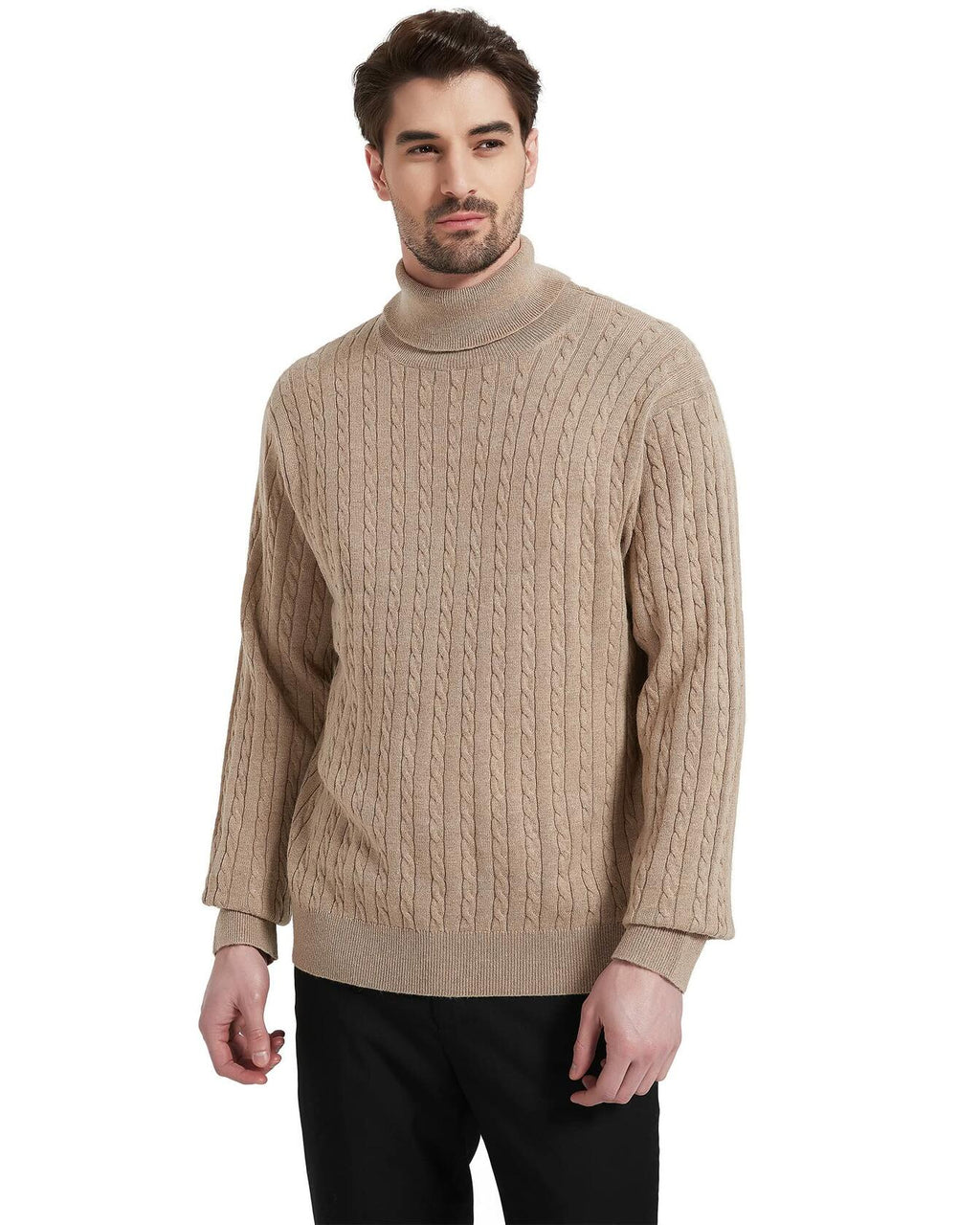 Men's wool-blend cable-knit turtleneck sweater, light tan, front view.