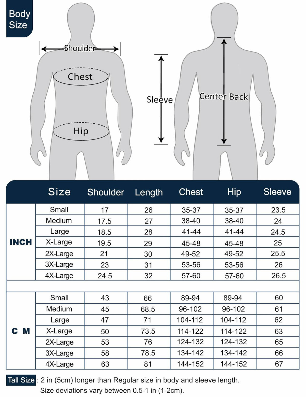 Men's sweater size chart with shoulder, chest, hip, sleeve, and length measurements.