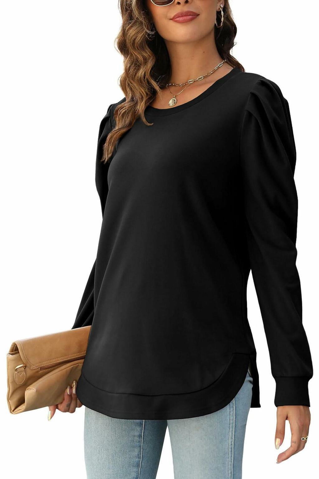 AGSEEM womens black oversized tunic sweatshirt, wide sleeves and curved hem