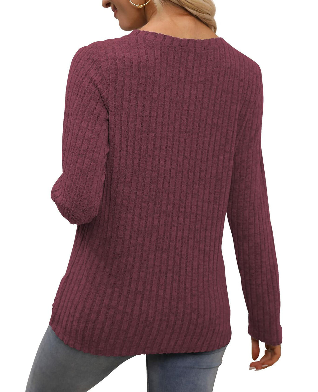 Burgundy ribbed knit sweater tunic with long sleeves, back view
