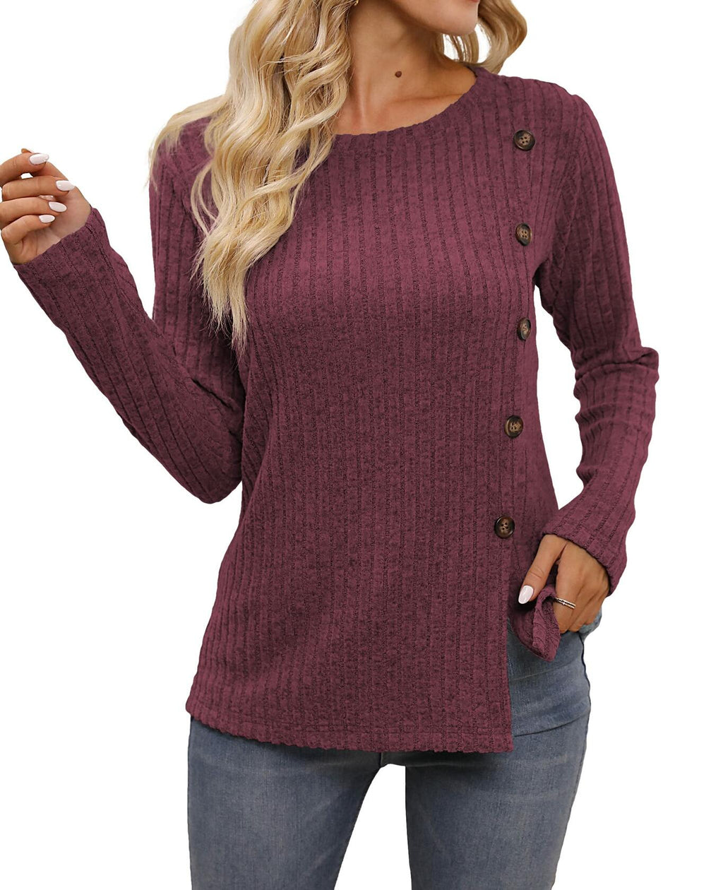 Burgundy ribbed knit sweater tunic with long flared sleeves and button-front, scoop neck