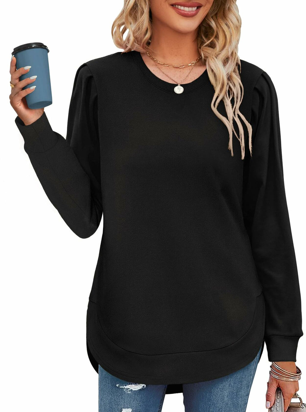 AGSEEM womens oversized black tunic sweatshirt with relaxed long sleeves and crew neck