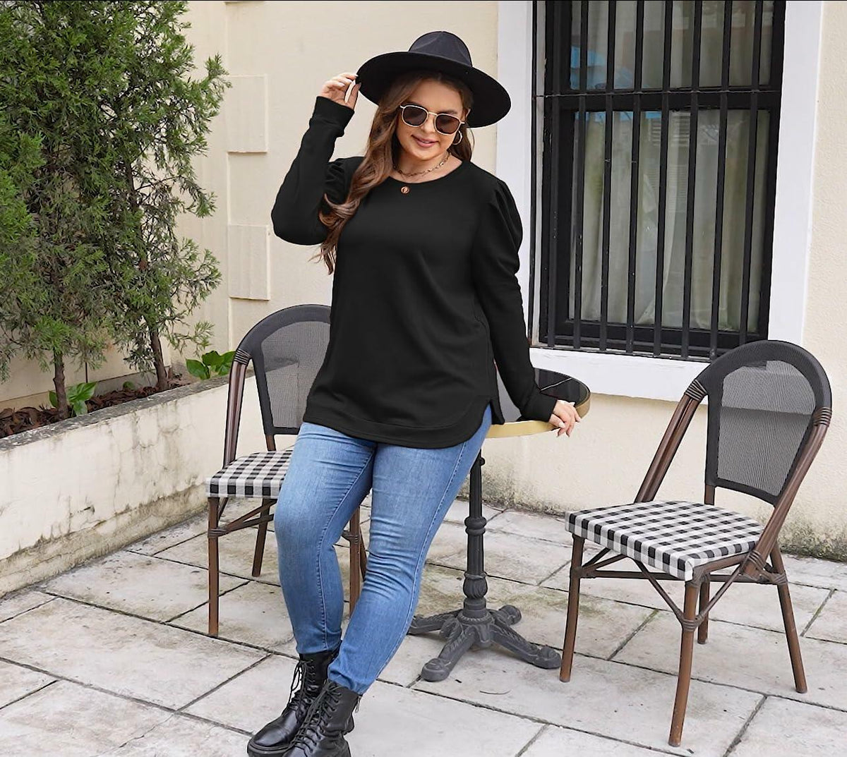 AGSEEM womens oversized black tunic sweatshirt, crew neck, long sleeves