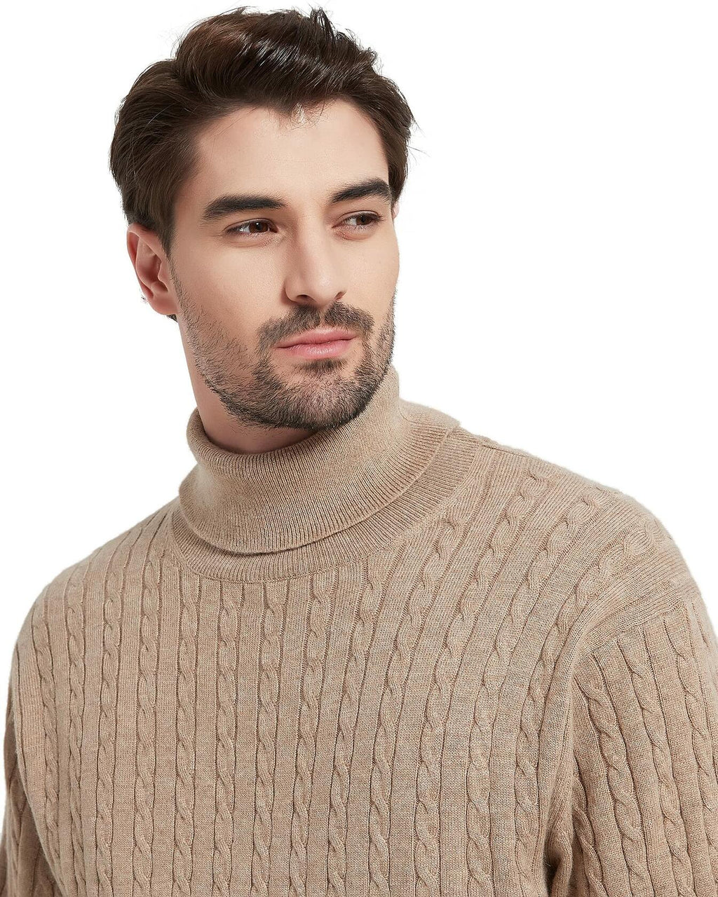 Men's wool-blend cable-knit turtleneck sweater, light tan, close-up of neck cables.