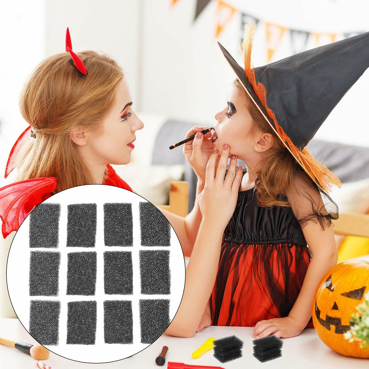 Black foam sponge pieces for applying face makeup on a child in costume
