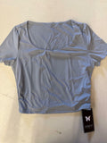 Gray-blue scoop neck short-sleeve T-shirt, fitted knit top