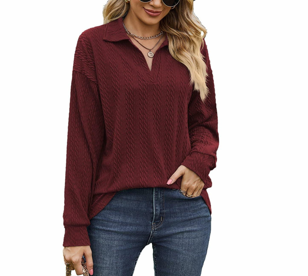 Women’s burgundy V-neck collared knit sweater with long sleeves, textured pattern