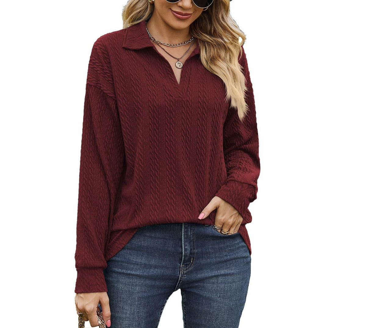 Women’s burgundy V-neck collared knit sweater with long sleeves, textured pattern