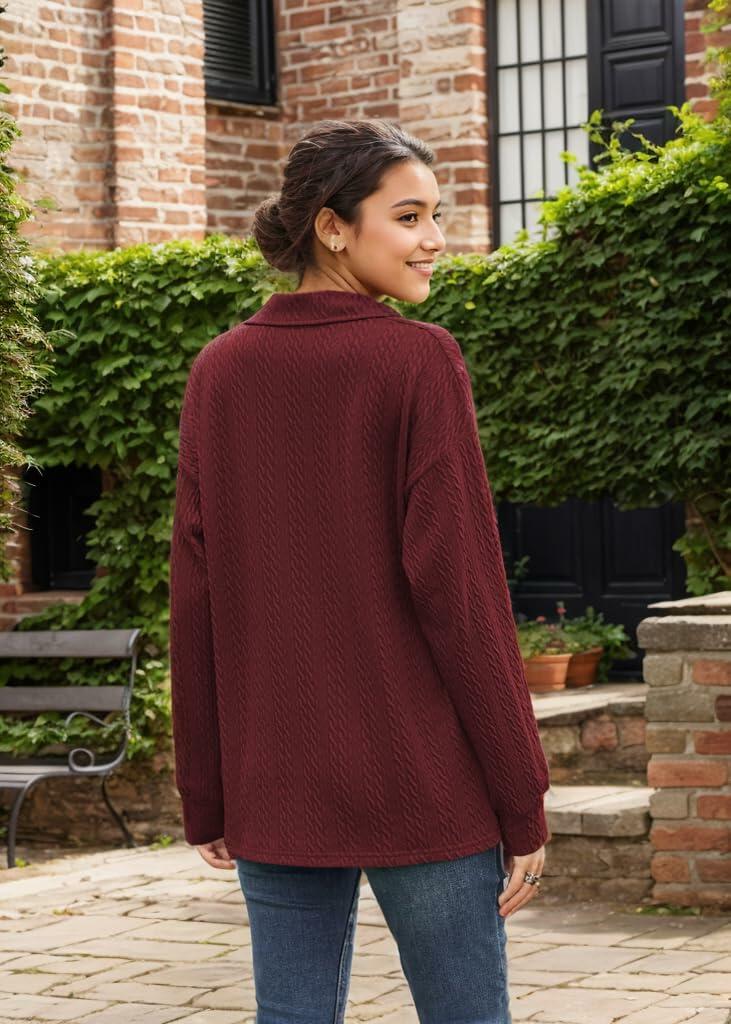 Women’s burgundy long-sleeve knit sweater with collared V-neck, textured back view