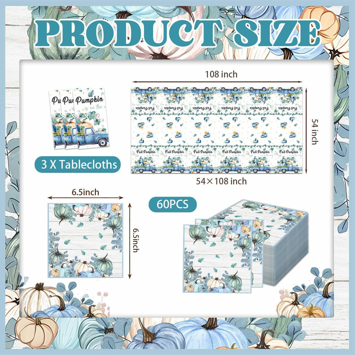 Blue patterned tablecloth set with size diagram and matching napkins (printed fall scene)