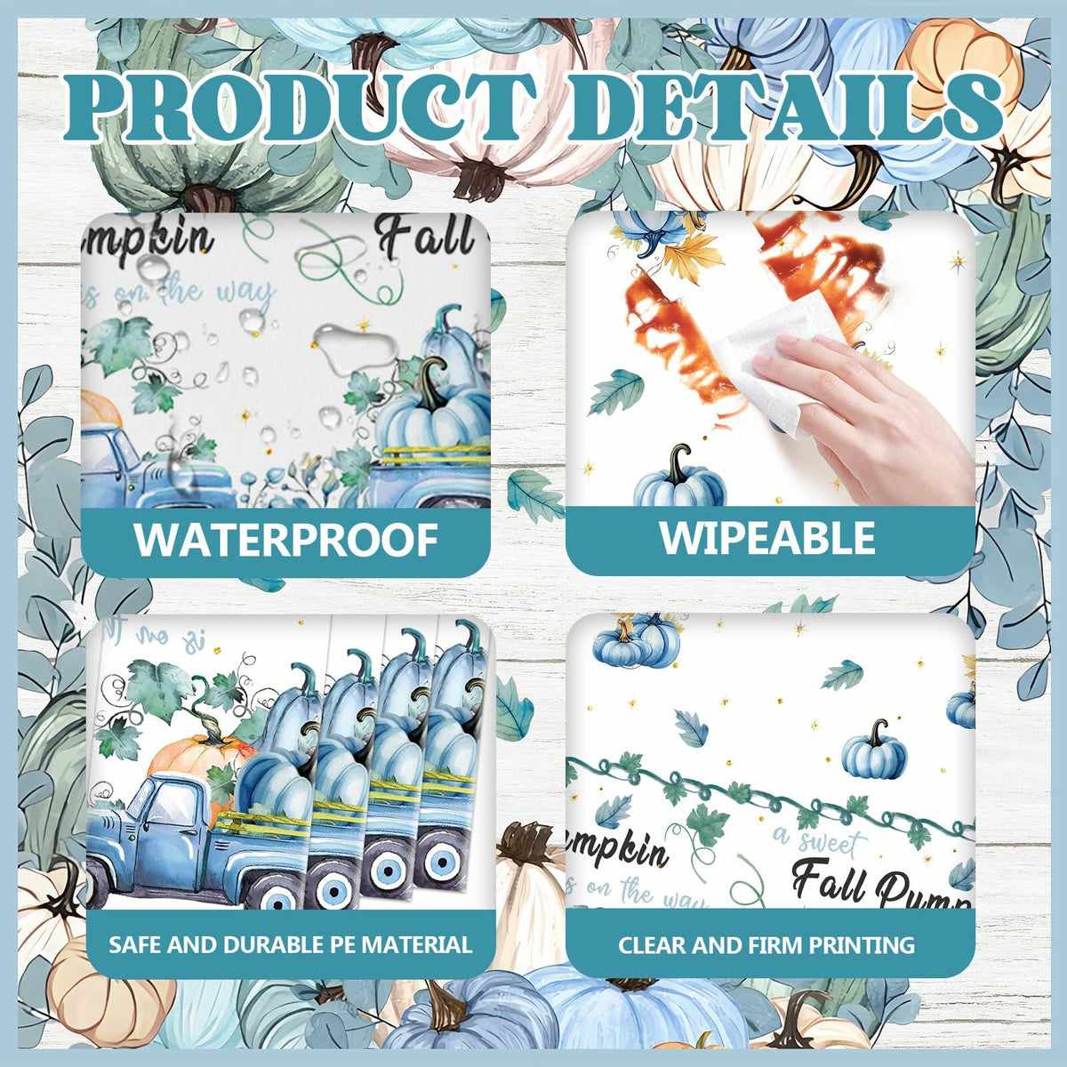 Blue fall pumpkin tablecloth with napkin stacks showing waterproof and wipeable design
