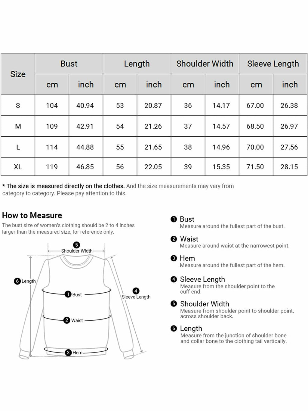 Sweater size chart with bust, length, shoulder, and sleeve measurements (cm/inch).