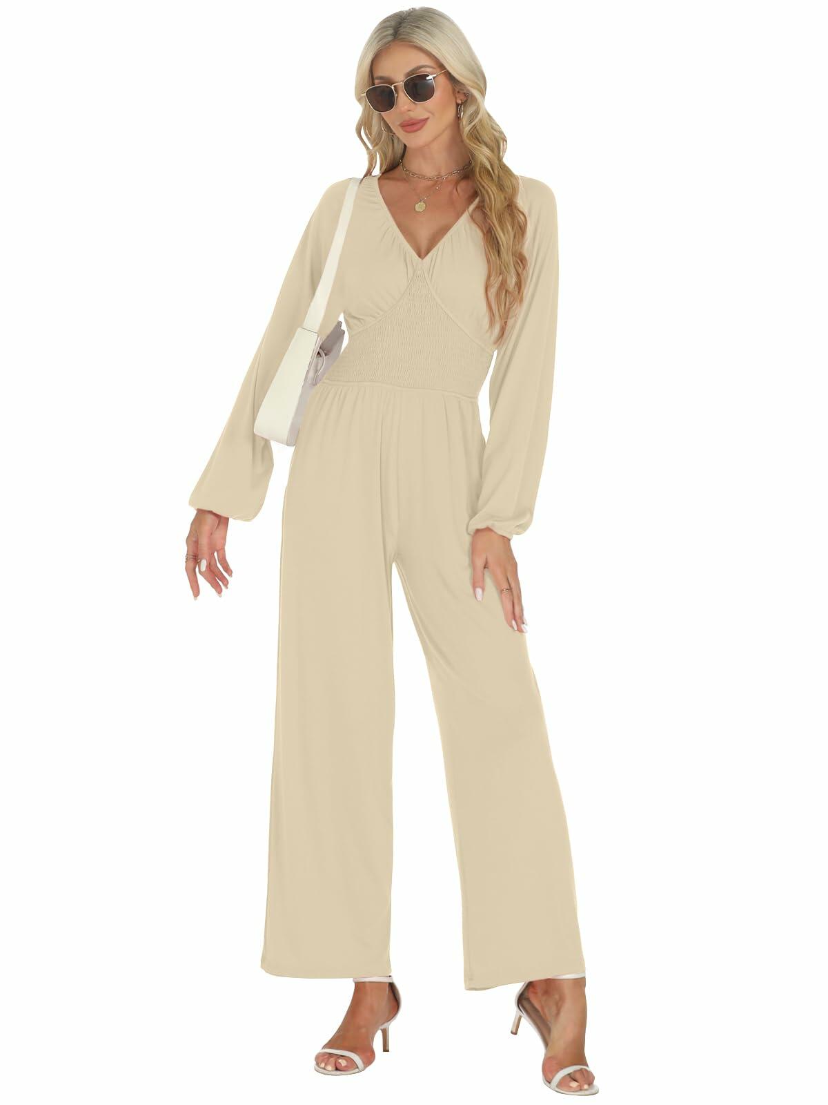 Light beige V-neck long-sleeve jumpsuit with smocked waist and wide legs