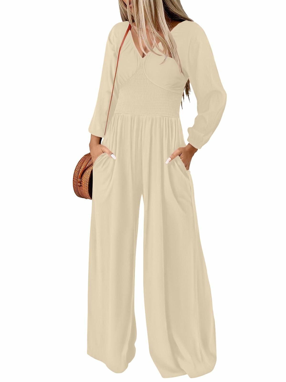 Light beige smocked waist long-sleeve V-neck jumpsuit with wide legs