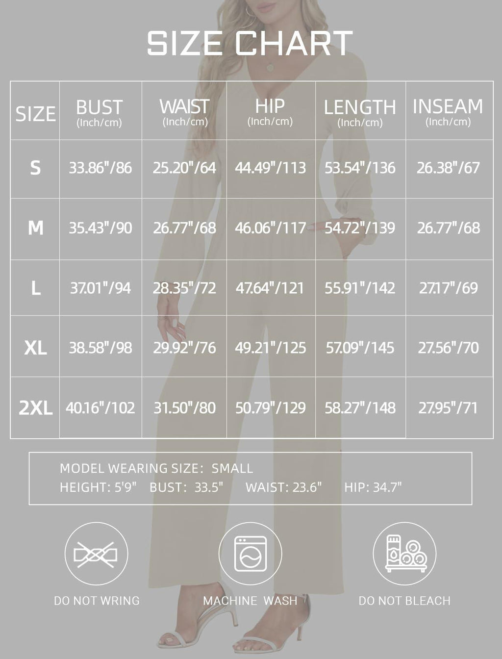 Jumpsuit size chart with bust, waist, hip, length, and inseam measurements