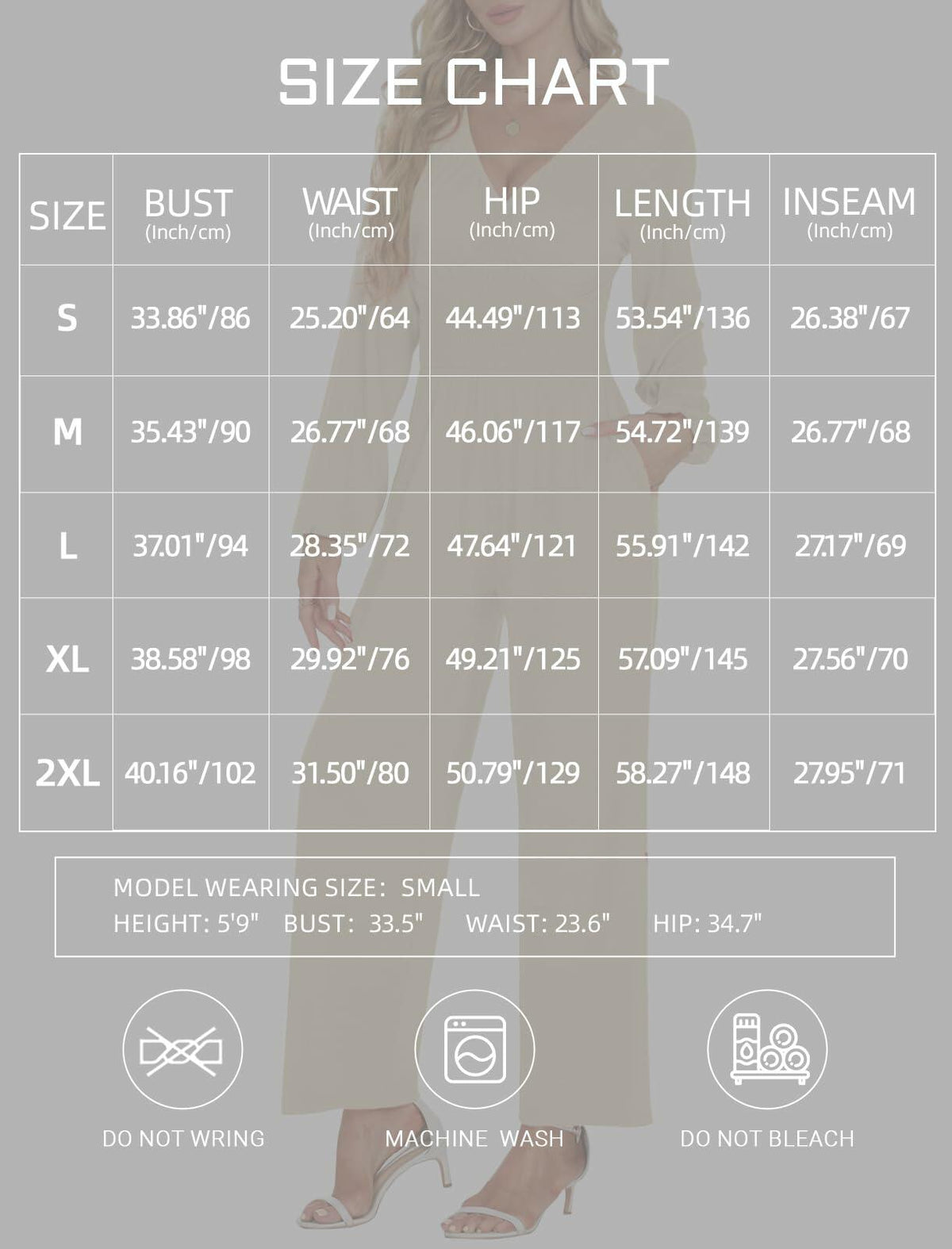 Jumpsuit size chart with bust, waist, hip, length, and inseam measurements
