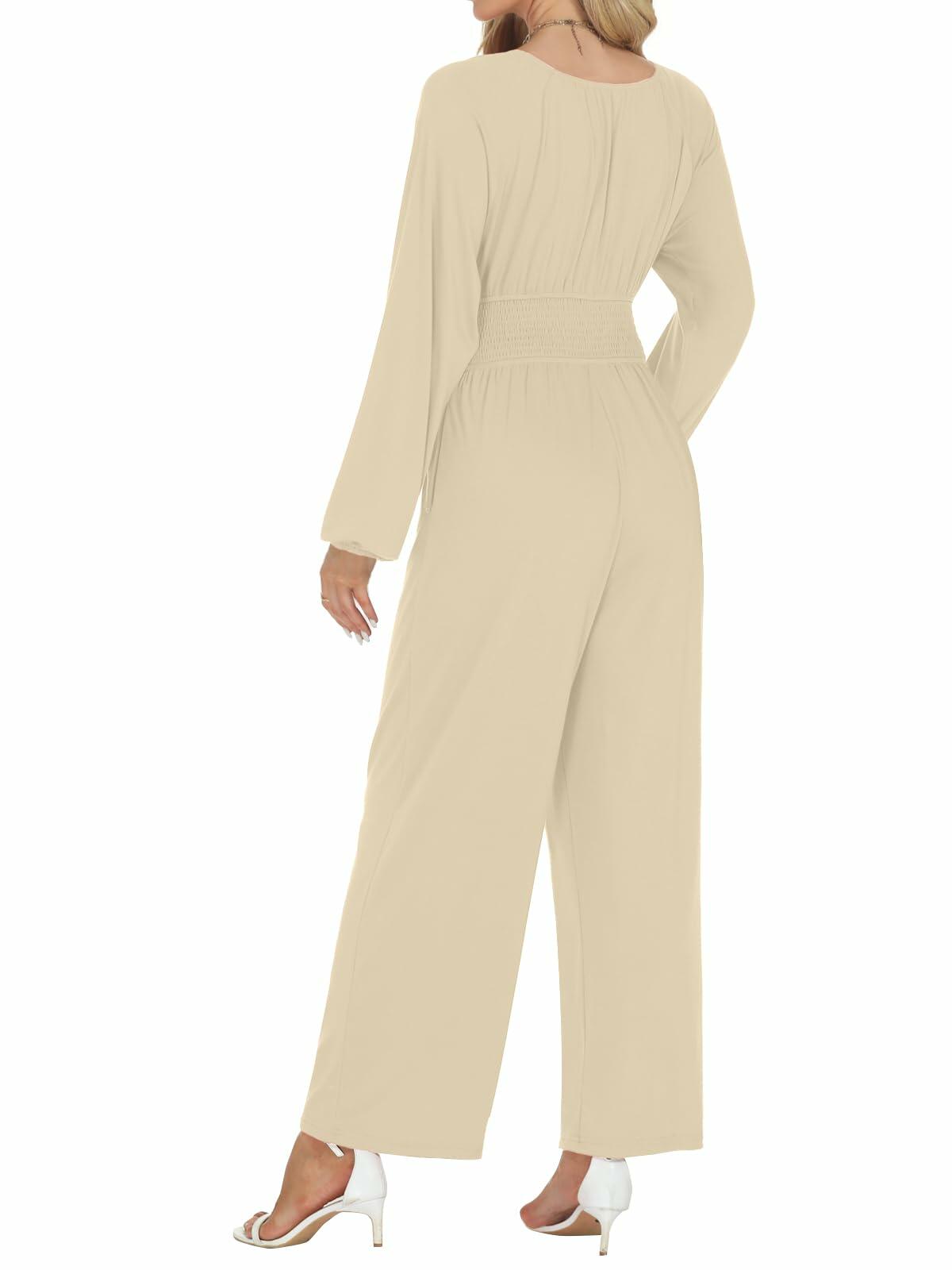 Light beige long-sleeve jumpsuit with smocked back waist and wide cropped legs