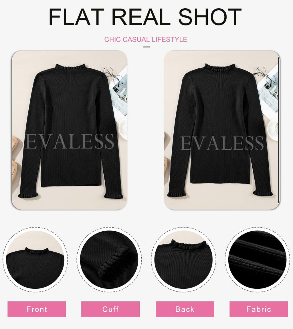 Flat lay of women's black ribbed knit sweater showing front, back, and fabric detail
