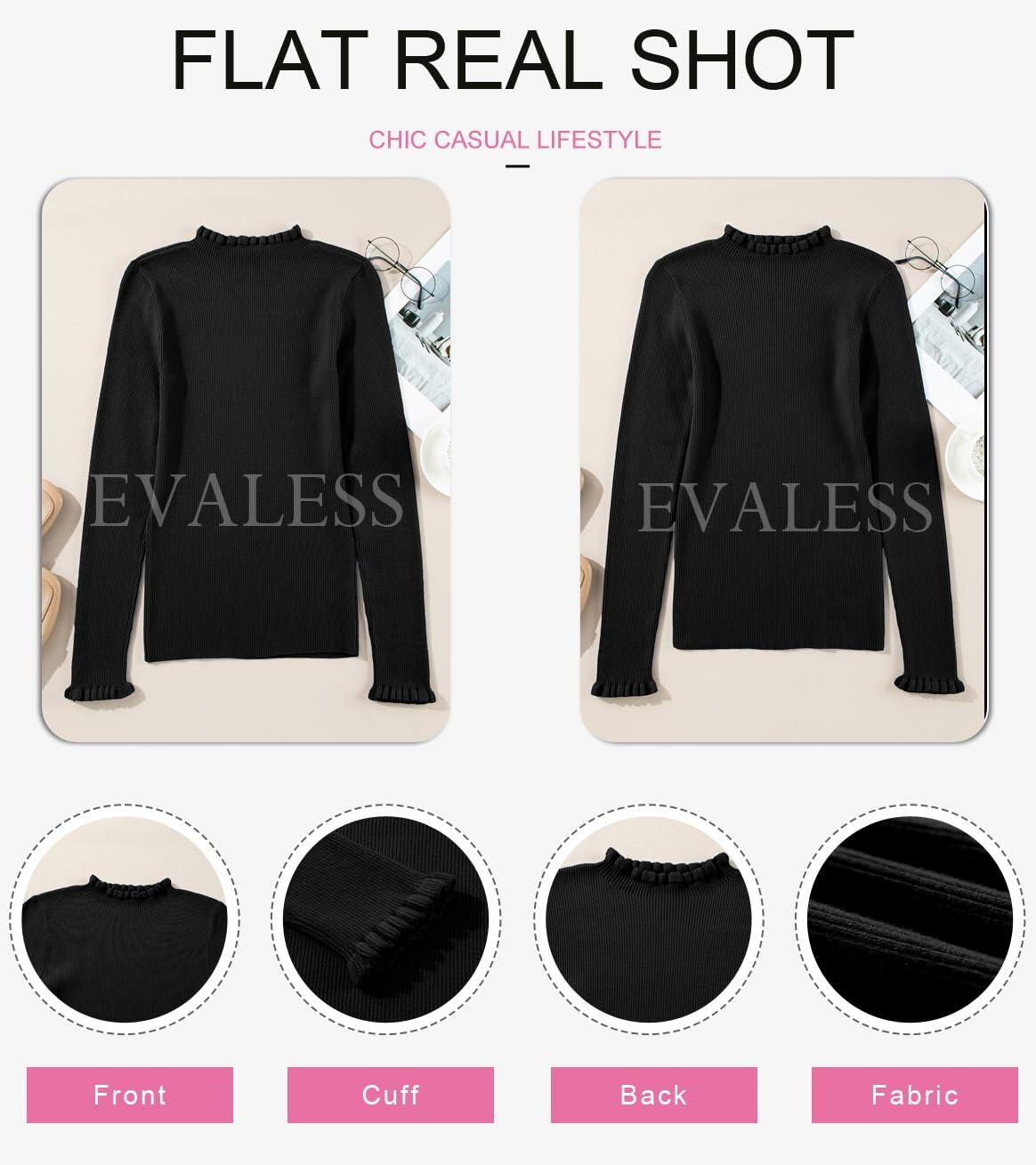 Flat lay of women's black ribbed knit sweater showing front, back, and fabric detail