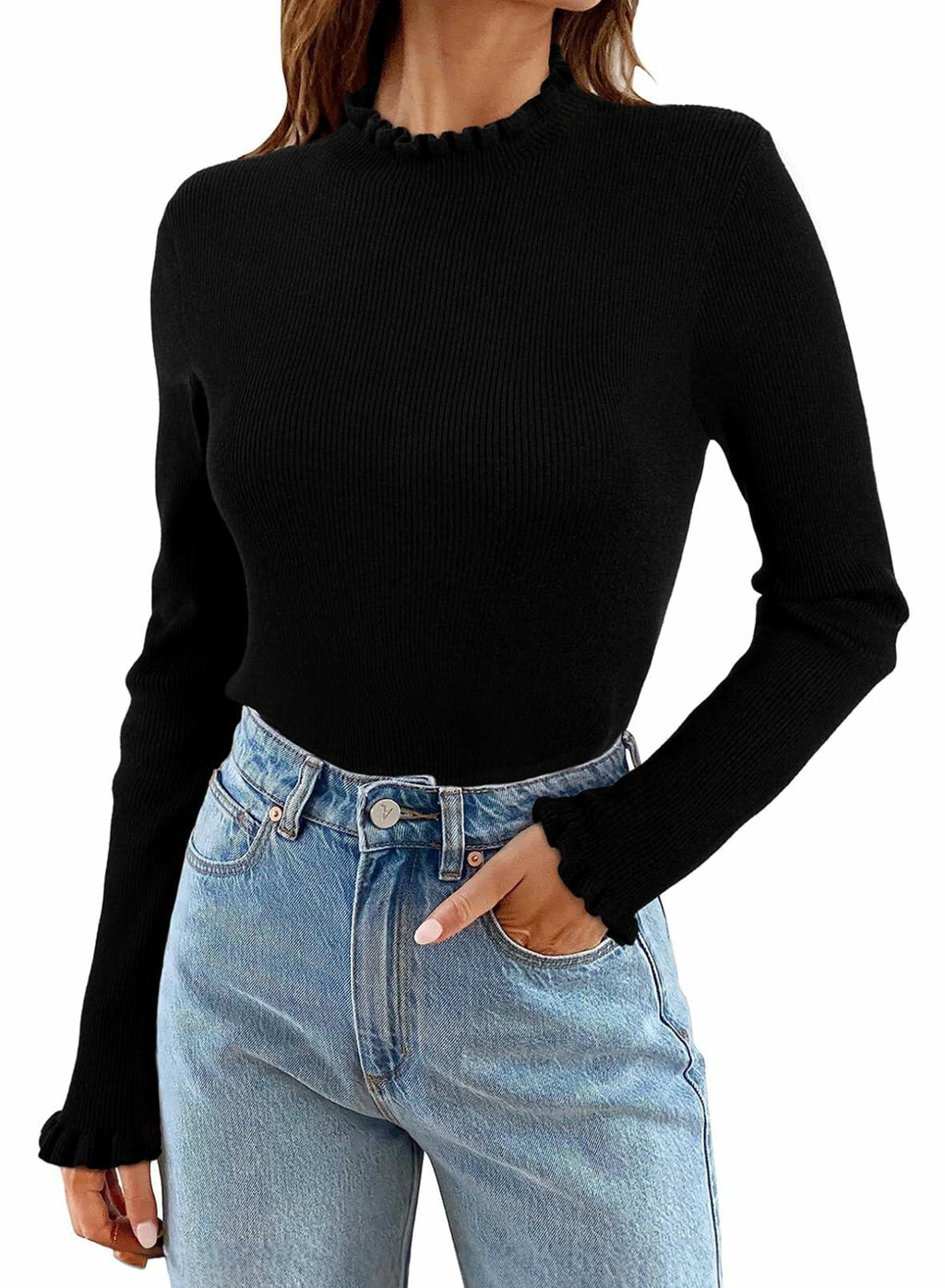 Women's black ribbed knit sweater with long sleeves and ruffled mock neckline