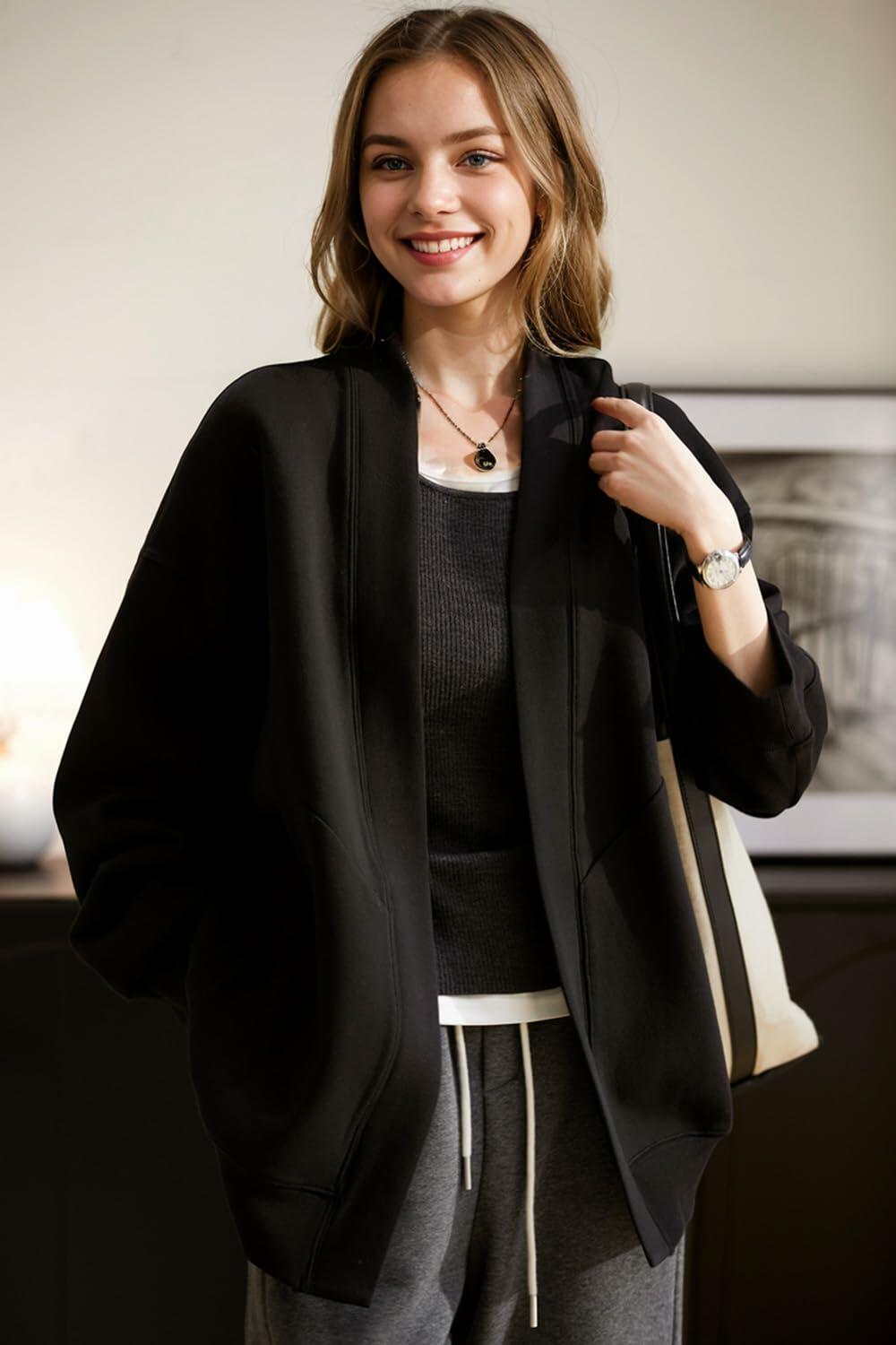 Black open-front hoodie coat, hooded cardigan with draped long sleeves